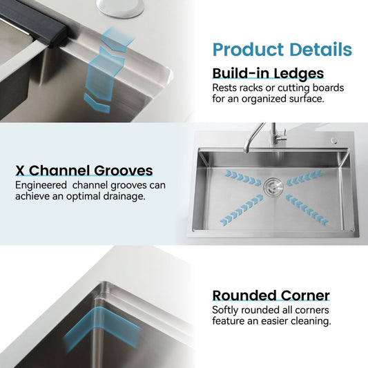 Stainless Steel Kitchen Sink,Single Bowl, Overmount Handmade Sink In Brushed, With Cutting Board, Colander, Grid, LS-SSBR01