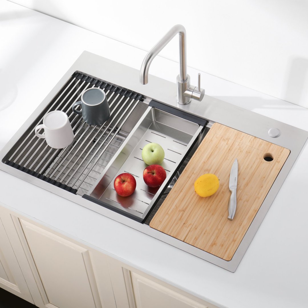 Stainless Steel Kitchen Sink,Single Bowl, Overmount Handmade Sink In Brushed, With Cutting Board, Colander, Grid, LS-SSBR01