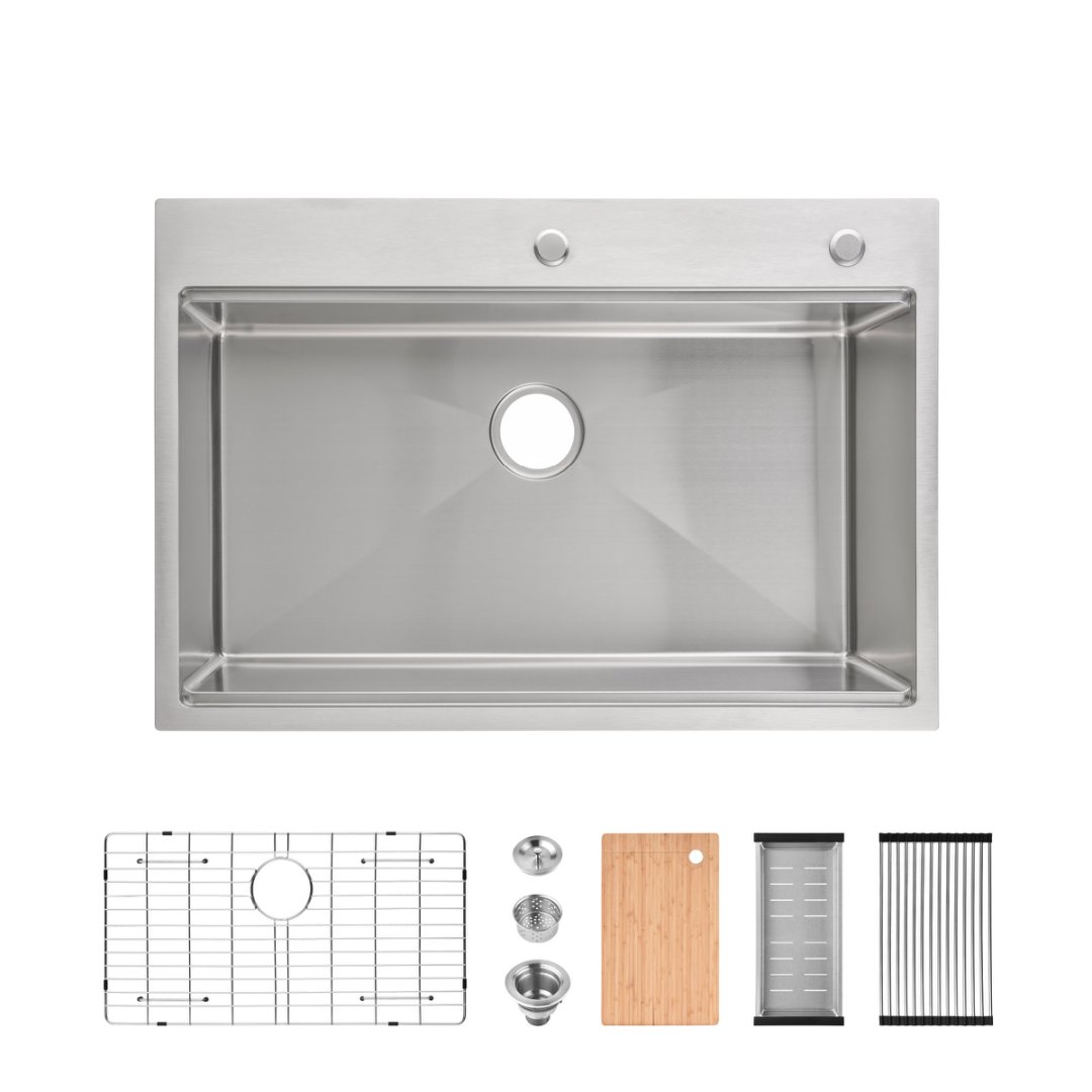 Stainless Steel Kitchen Sink,Single Bowl, Overmount Handmade Sink In Brushed, With Cutting Board, Colander, Grid, LS-SSBR01